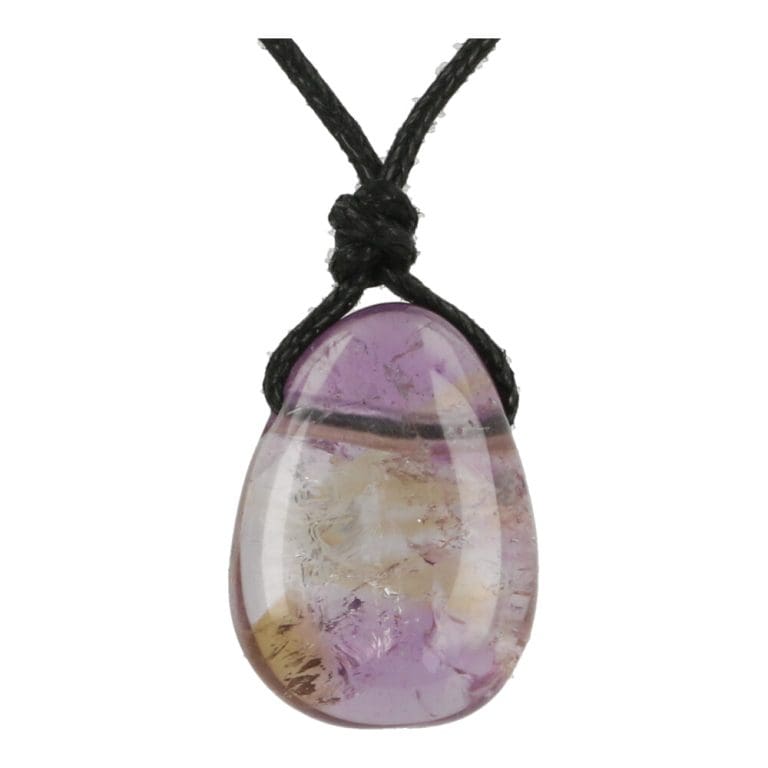 Ametrien hanger doorboord met zwart koord