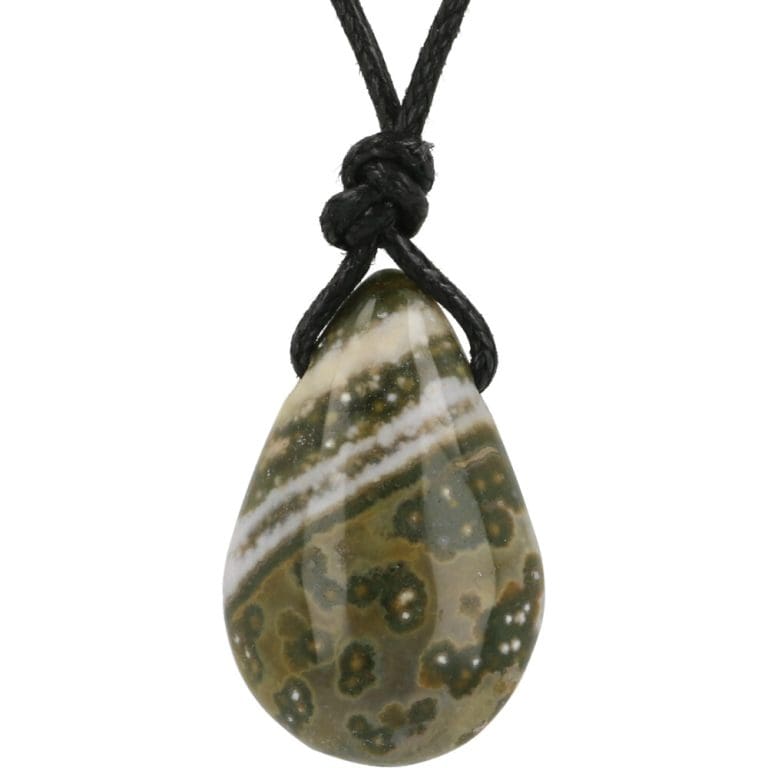 Oceaanjaspis hanger doorboord in druppelvorm met zwart koord