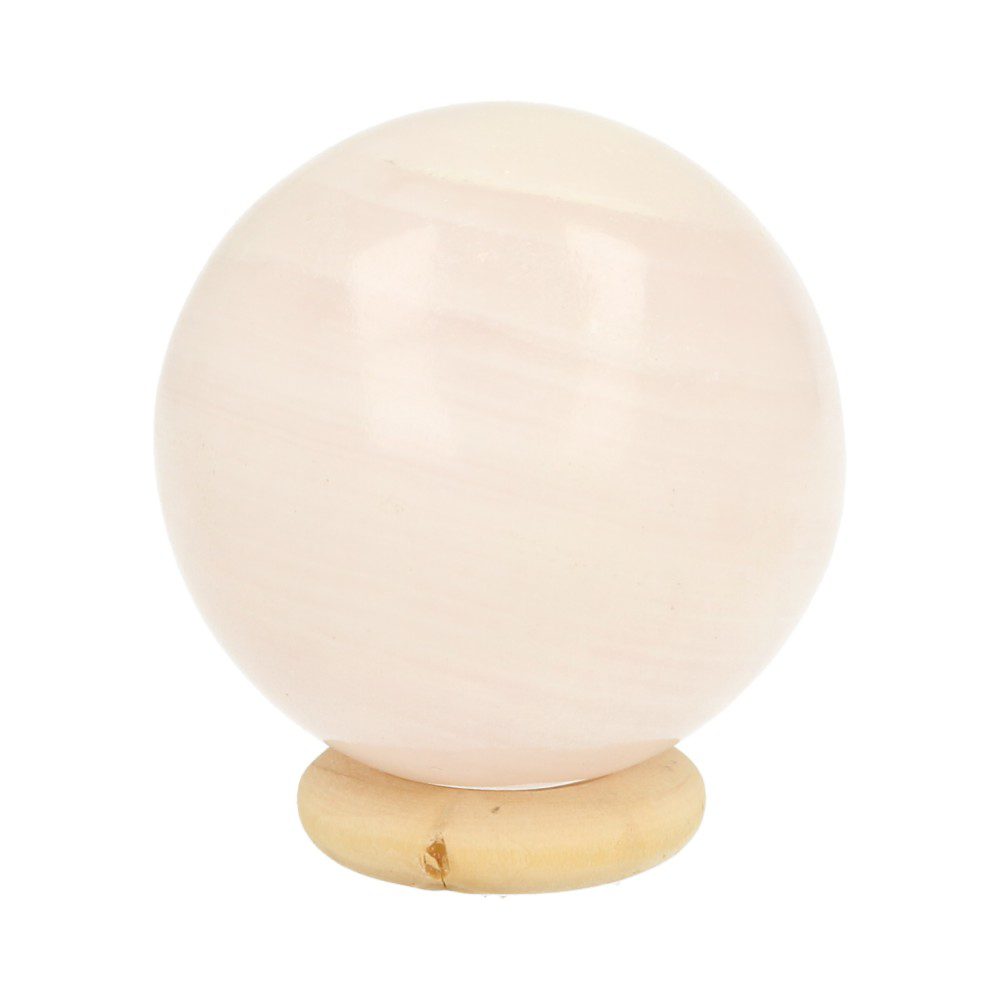 Fraaie zacht-roze mangano calciet bol van 4cm met houten ringetje, aanzicht 2