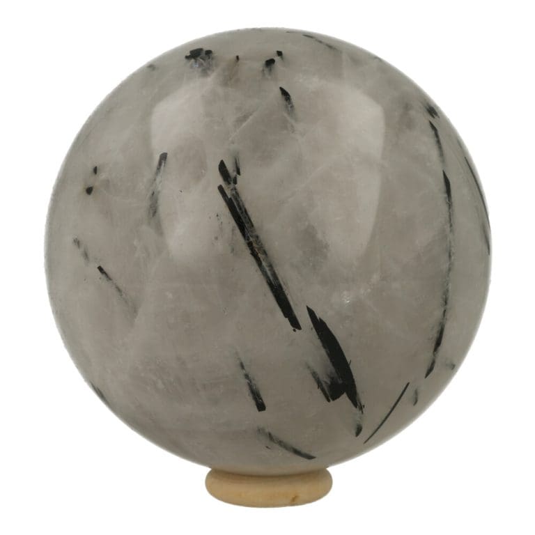 Toermalijnkwarts bol met diameter van 85mm en houten ring