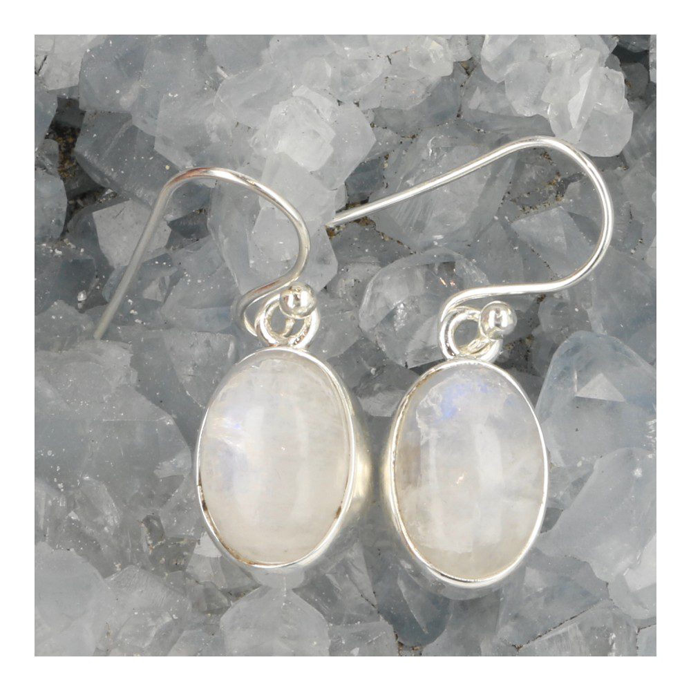 Regenboogmaansteen oorbellen van 13mm hoog en 8mm breed in zilver - detail 2