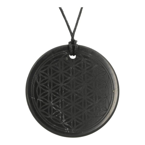 Shungiet hanger rond met flower of life symbol gegraveerd