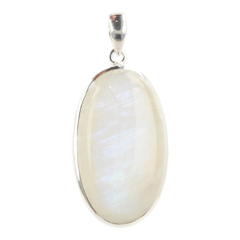 Vooraanzicht van Bijzonder fraaie en grote witte maansteen hanger in zilver van 4cm hoog