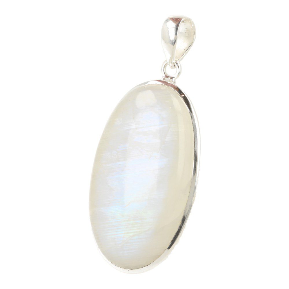 zij-aanzicht van Bijzonder fraaie en grote witte maansteen hanger in zilver van 4cm hoog