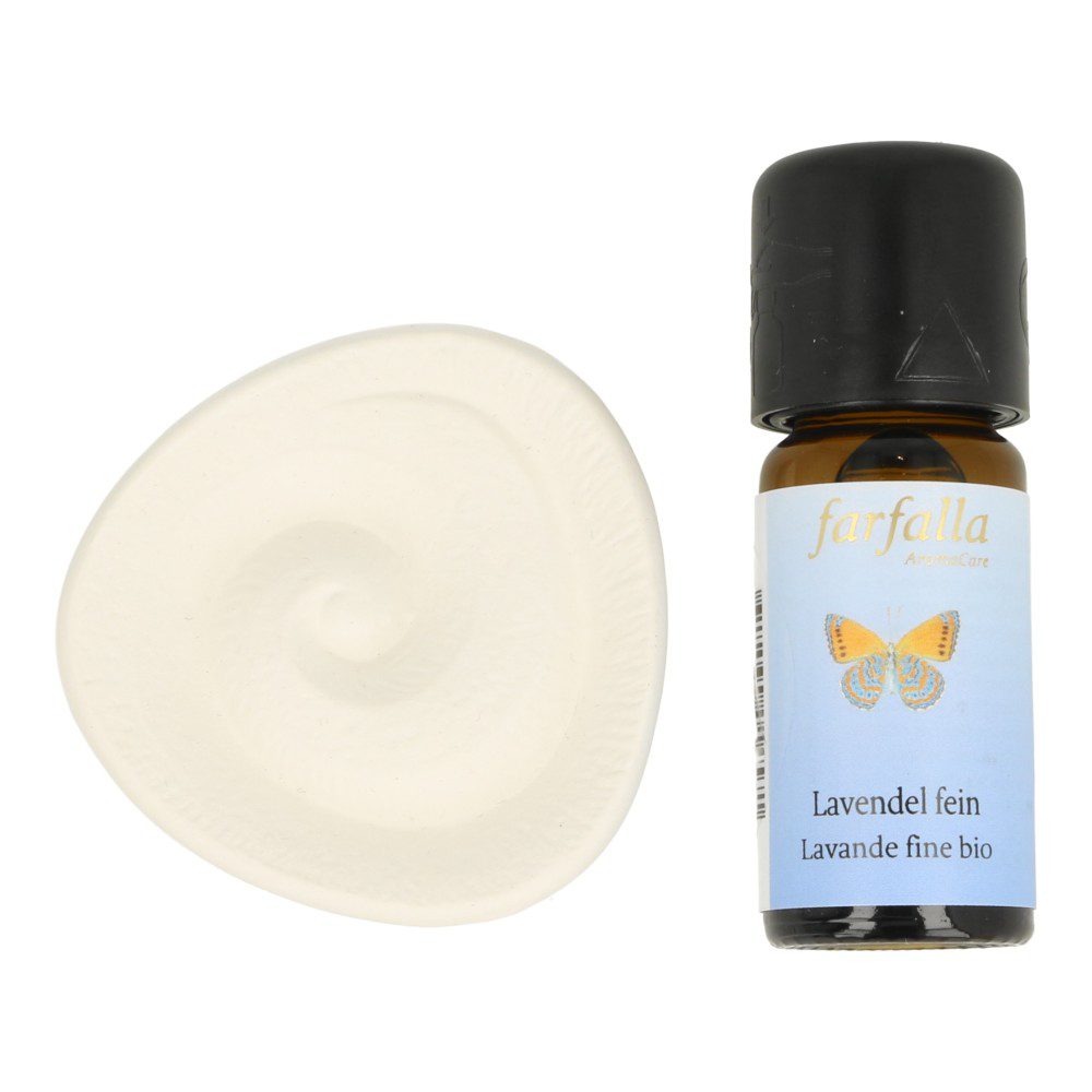 Fijne balans en harmonie cadeauset, bestaande uit een gouden driehoek en lavendel olie met geursteen. Detail geursteen en lavendel olie