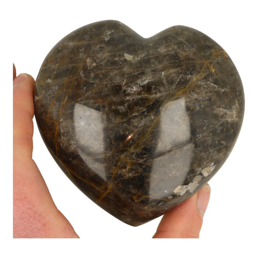 Overzicht in hand van fraaie grote zwarte maansteen hart XL van 10,5cm breed