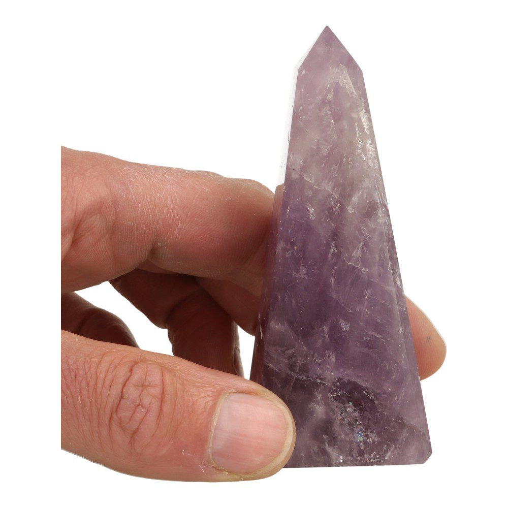 Fraaie paarse amethist obelisk van 9cm hoog - met hand