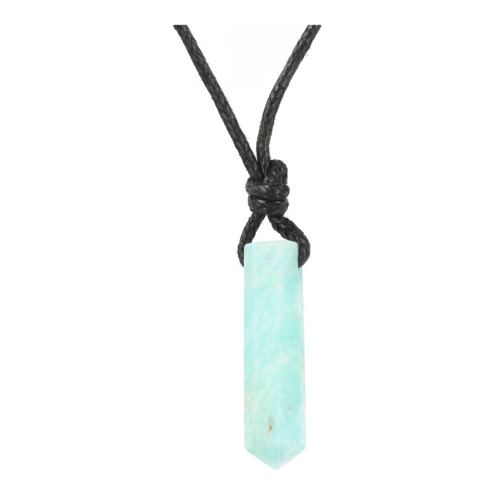 Fraaie lichtblauwe carribean blue calciet hanger doorboord in puntvorm aan zwart waxkoord - voorbeeld 3