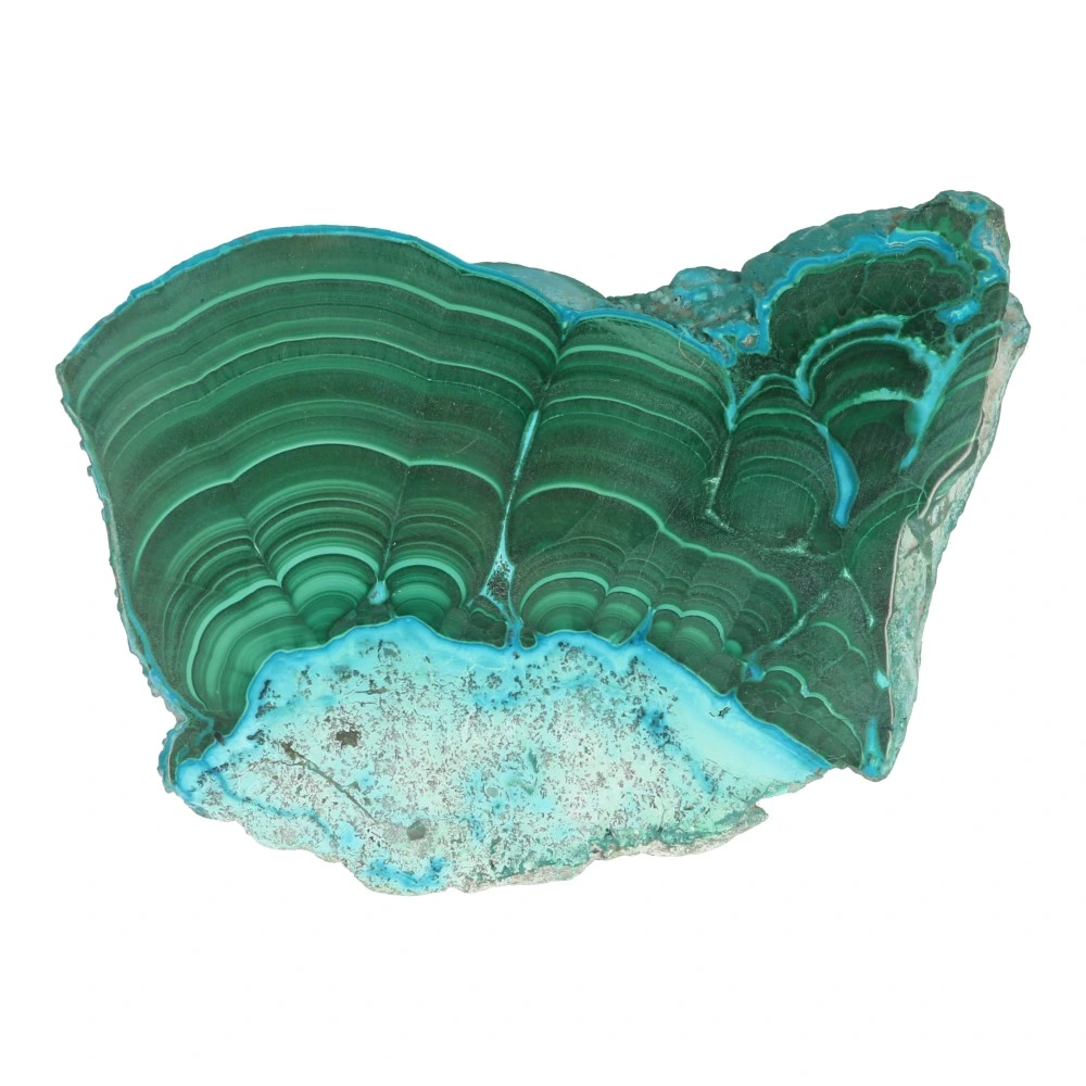 Mooi getekende malachiet schijf 'nr5' met chrysocolla en 10 x 7cm - achterkant
