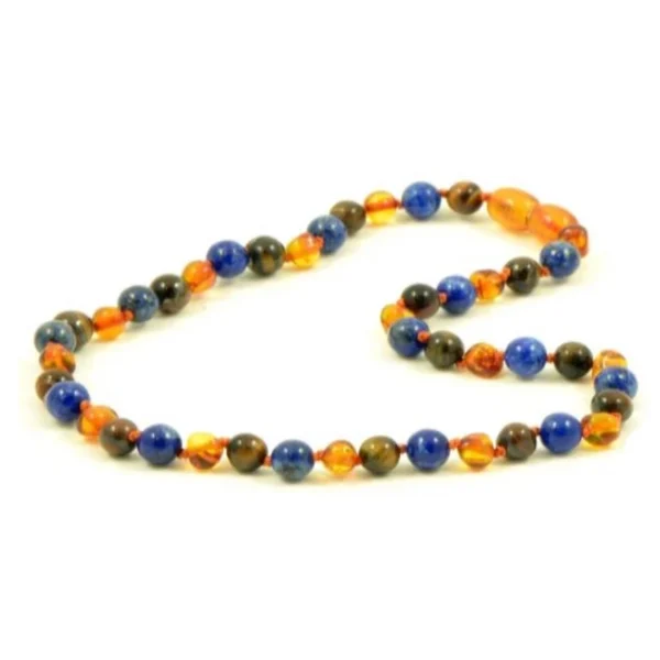 Barnsteen babyketting met tijgeroog en lapis lazuli