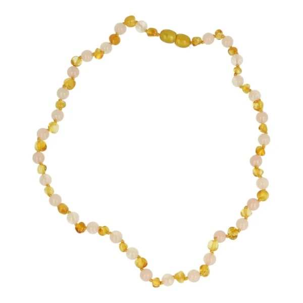 Barnsteen ketting met rozenkwarts en een lengte van 45cm