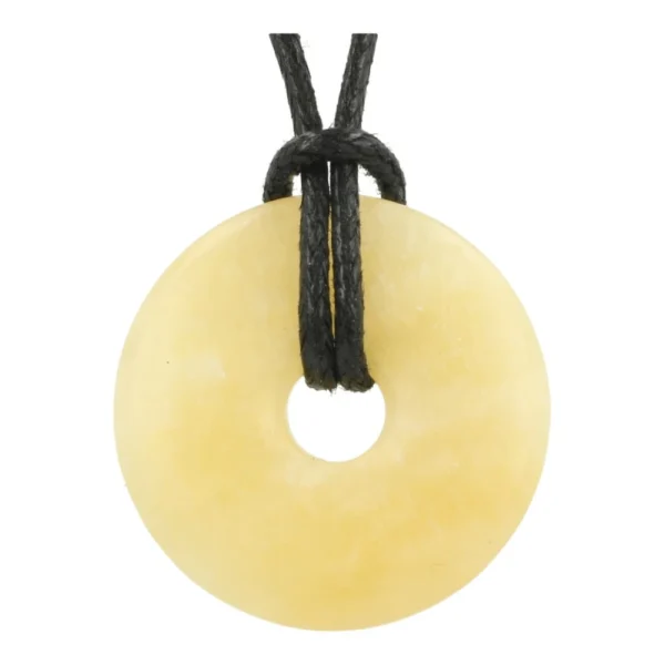 Gele calciet donut hanger met diameter van 3cm aan zwart waxkoord