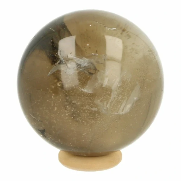 Mooie heldere rookkwarts bol met diameter van 45mm op houten ring