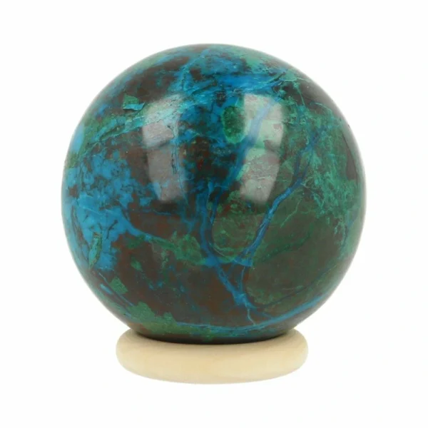 Prachtige chrysocolla bol met diameter van 45mm op houten ring