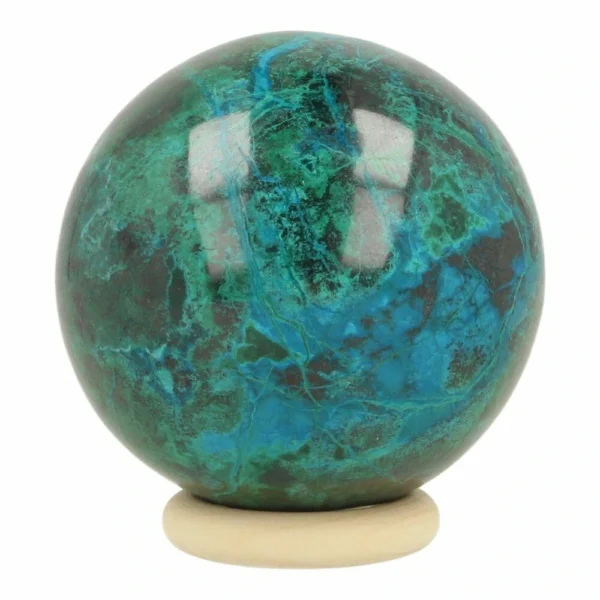 A-kwaliteit chrysocolla bol met diameter van 50mm op houten ring