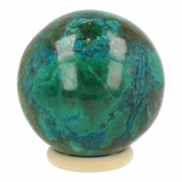 Topkwaliteit chrysocolla bol met diameter van 10cm op houten ring