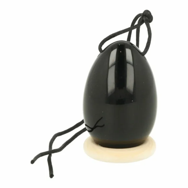 Fraaie zwarte obsidiaan yoni ei van 45x30mm met gaatje en op houten ring