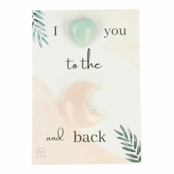 Cadeaukaart Love You to the Moon met rozenkwarts maan en amazoniet hartje op leuke kaart