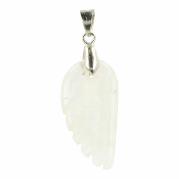 Mooie helderwitte bergkristal engelvleugel hanger met metalen oogje en 3cm hoog