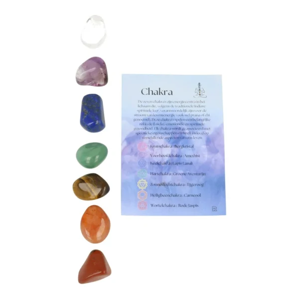 Leuke set met chakra trommelstenen in zakje met beschrijving